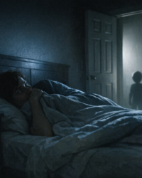 Alien abduction stories documentary-style bedroom scene with eerie doorway light