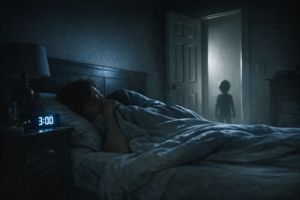 Alien abduction stories documentary-style bedroom scene with eerie doorway light