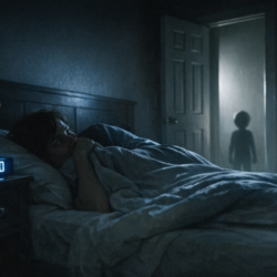 Alien abduction stories documentary-style bedroom scene with eerie doorway light