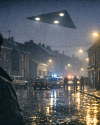 Nighttime depiction of the Belgian UFO wave over a Belgian neighborhood