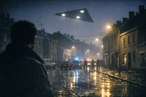 Nighttime depiction of the Belgian UFO wave over a Belgian neighborhood