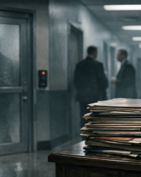 A dim government corridor with silhouettes of officials, suggesting hidden institutional power.