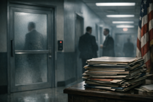 A dim government corridor with silhouettes of officials, suggesting hidden institutional power.