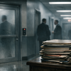 A dim government corridor with silhouettes of officials, suggesting hidden institutional power.