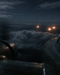 Documentary-style image of a World War II aircraft at night with glowing unexplained lights in the sky