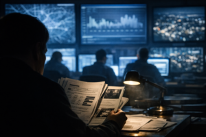 Documentary-style operations room visual for a mass surveillance state article