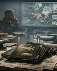 Documentary-style image suggesting hidden defense influence, contracts, and the machinery behind modern war planning.