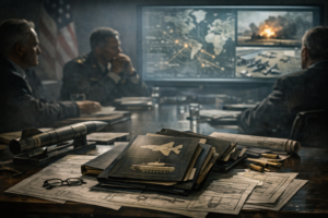 Documentary-style image suggesting hidden defense influence, contracts, and the machinery behind modern war planning.