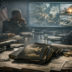 Documentary-style image suggesting hidden defense influence, contracts, and the machinery behind modern war planning.