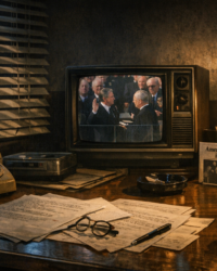 A shadowy 1980 campaign office and television during the hostage crisis era