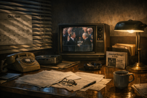 A shadowy 1980 campaign office and television during the hostage crisis era