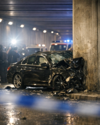 Princess Diana death theories featured image showing a realistic Paris tunnel crash scene with flashing cameras and emergency response