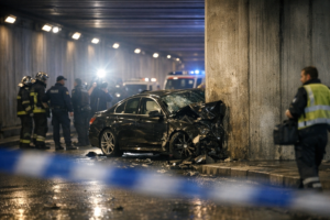 Princess Diana death theories featured image showing a realistic Paris tunnel crash scene with flashing cameras and emergency response
