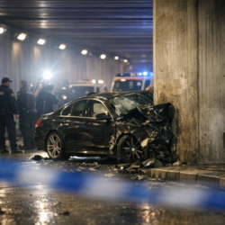 Princess Diana death theories featured image showing a realistic Paris tunnel crash scene with flashing cameras and emergency response