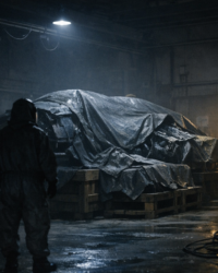 Documentary-style image of a guarded hangar with covered metallic wreckage under harsh light