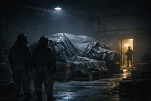Documentary-style image of a guarded hangar with covered metallic wreckage under harsh light