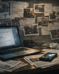 Investigative desk setup showing how conspiracy theories spread online through connected digital fragments