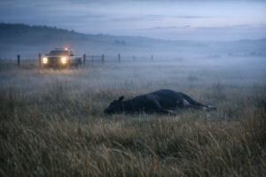 Predawn ranch field with a dead cow in the distance and sheriff lights near a fence line, documentary-style image for a cattle mutilation mystery article.