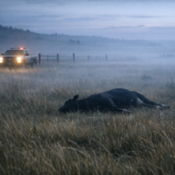 Predawn ranch field with a dead cow in the distance and sheriff lights near a fence line, documentary-style image for a cattle mutilation mystery article.
