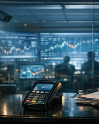 Dim payment terminal and red warning screen symbolizing fears of CBDC financial control and digital surveillance.