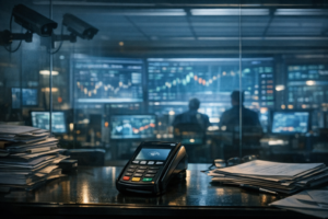 Dim payment terminal and red warning screen symbolizing fears of CBDC financial control and digital surveillance.