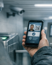 Documentary-style image of a smartphone digital identity check near an access gate for a digital ID conspiracy article.