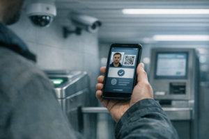 Documentary-style image of a smartphone digital identity check near an access gate for a digital ID conspiracy article.