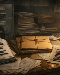 Dim archive desk with redacted files, sealed folders, and flight records suggesting hidden names and missing Epstein documents.