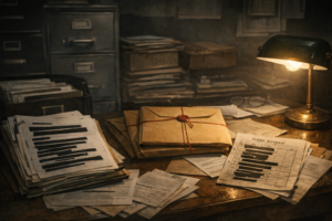 Dim archive desk with redacted files, sealed folders, and flight records suggesting hidden names and missing Epstein documents.