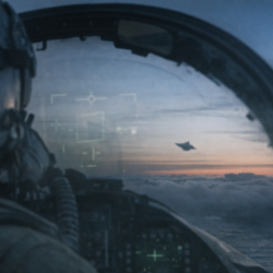 Documentary-style image of a Navy cockpit and distant ambiguous object for an article about the Gimbal UFO video.