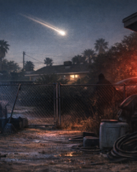 Nighttime Las Vegas backyard with police lights, a fading bright streak overhead, and an anxious documentary-style atmosphere for the Las Vegas alien case article.