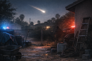 Nighttime Las Vegas backyard with police lights, a fading bright streak overhead, and an anxious documentary-style atmosphere for the Las Vegas alien case article.