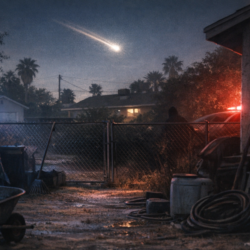 Nighttime Las Vegas backyard with police lights, a fading bright streak overhead, and an anxious documentary-style atmosphere for the Las Vegas alien case article.
