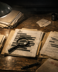 Documentary-style archive table with secret-looking UFO files and redacted papers for an article about the MJ-12 documents.