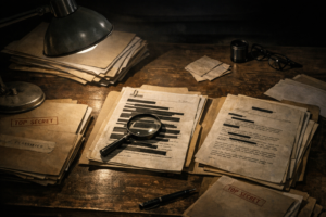 Documentary-style archive table with secret-looking UFO files and redacted papers for an article about the MJ-12 documents.