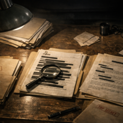 Documentary-style archive table with secret-looking UFO files and redacted papers for an article about the MJ-12 documents.