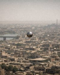 Documentary-style aerial image of a metallic orb over Mosul, Iraq
