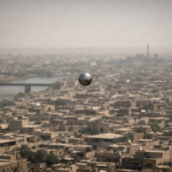 Documentary-style aerial image of a metallic orb over Mosul, Iraq