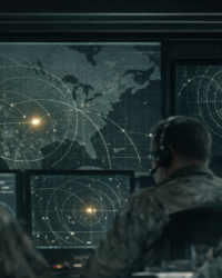 Radar monitoring room at night with analysts watching an unidentified air-track, documentary-style image for a NORAD UFO tracking article.