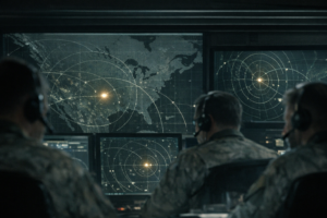 Radar monitoring room at night with analysts watching an unidentified air-track, documentary-style image for a NORAD UFO tracking article.