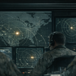 Radar monitoring room at night with analysts watching an unidentified air-track, documentary-style image for a NORAD UFO tracking article.