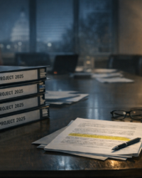 Documentary-style policy binders on a table at night for a Project 2025 conspiracy article.