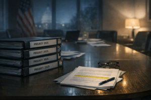 Documentary-style policy binders on a table at night for a Project 2025 conspiracy article.