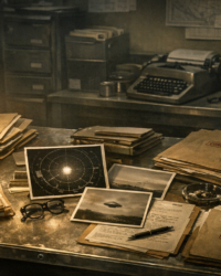 Documentary-style featured image of a Cold War Air Force records desk for an article about Project Blue Book.