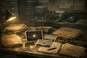 Documentary-style featured image of a Cold War Air Force records desk for an article about Project Blue Book.