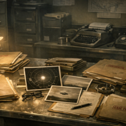 Documentary-style featured image of a Cold War Air Force records desk for an article about Project Blue Book.