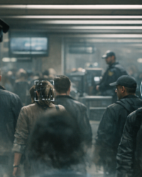 Biometric surveillance scene with facial recognition cameras in a public transit setting