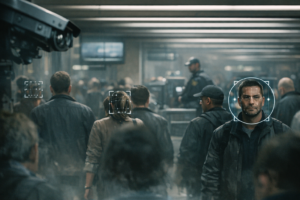 Biometric surveillance scene with facial recognition cameras in a public transit setting