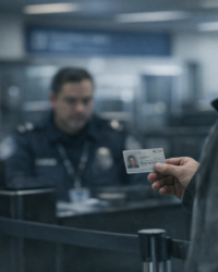 Traveler holding an ID at an airport document check, documentary-style image for a Real ID conspiracy article.