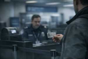 Traveler holding an ID at an airport document check, documentary-style image for a Real ID conspiracy article.